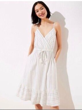 LOFT White Dress with Light Blue Stripes Tie-Waist Midi